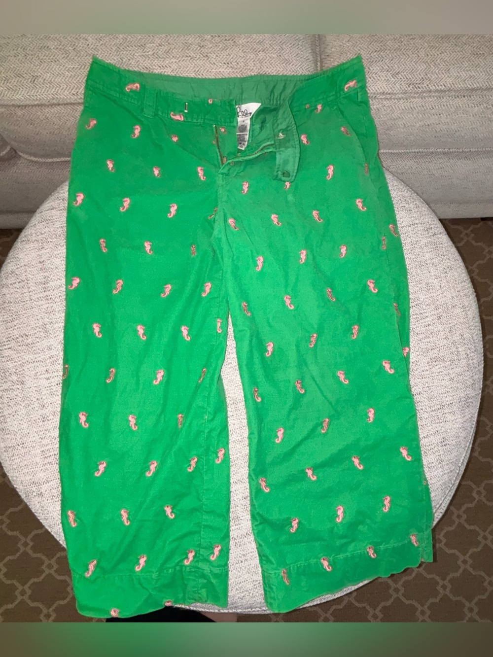 LILLY PULITZER Vintage Green w/Pink Seahorses Corduroy Wide Leg Cropped Size 10